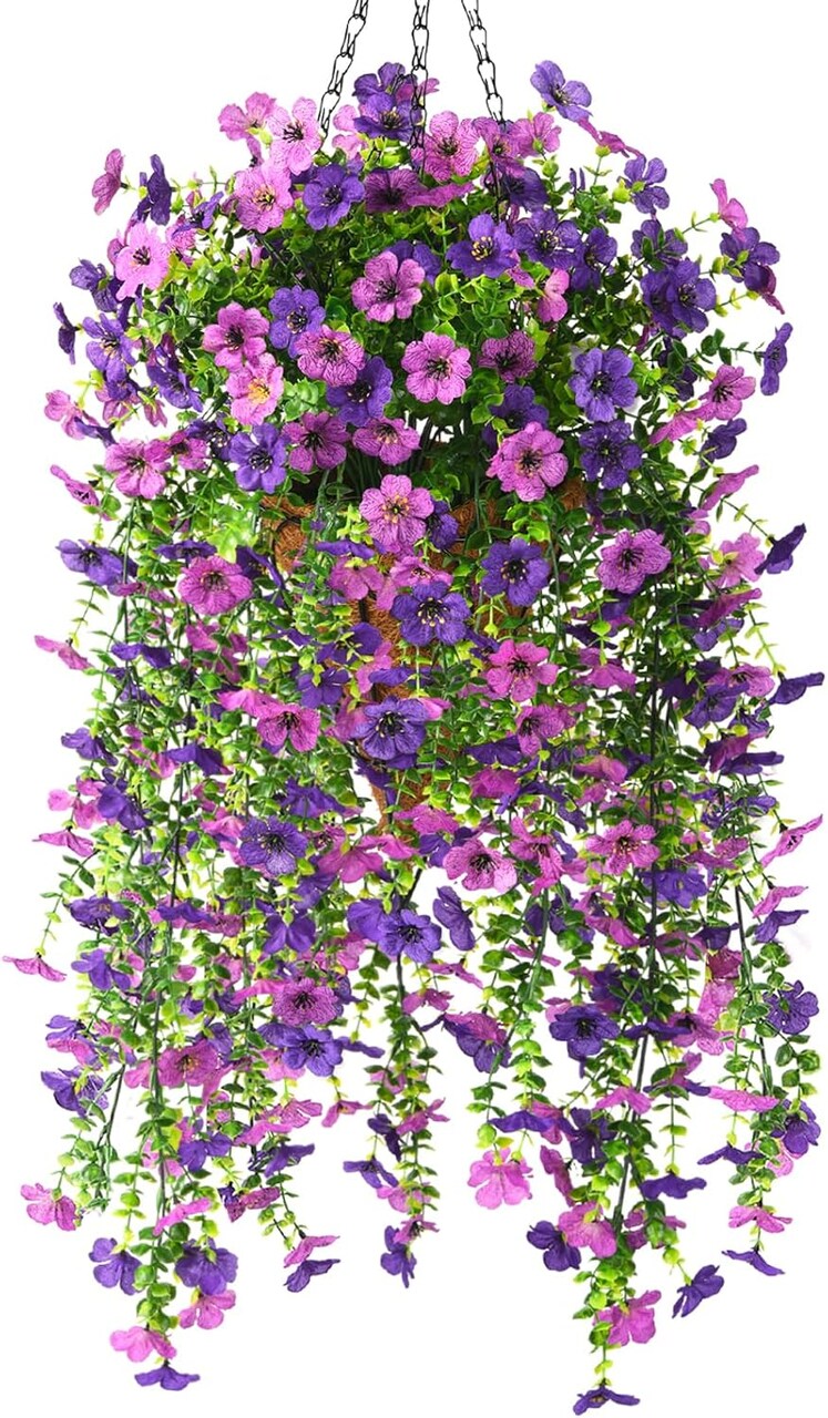 Artificial Fake Hanging Flowers Basket for Outdoor, Faux Mums Hanging Plants UV Resistant Silk Daisy for Spring Outside Front Porch Patio Balcony Decor